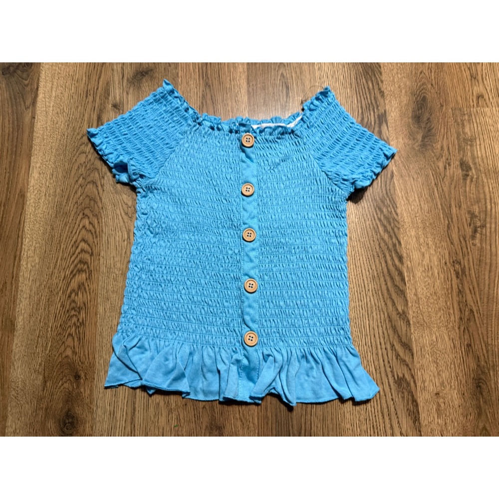 Speechless Kids Smocked Top Girls Size XL Blue Blouse Button Front Ruffle Hem